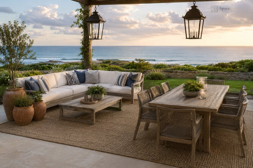 Outdoor patio furniture set arranged on a covered terrace overlooking the ocean at sunset, including a light beige sectional sofa, matching armchairs, a wooden dining table, and a woven area rug.