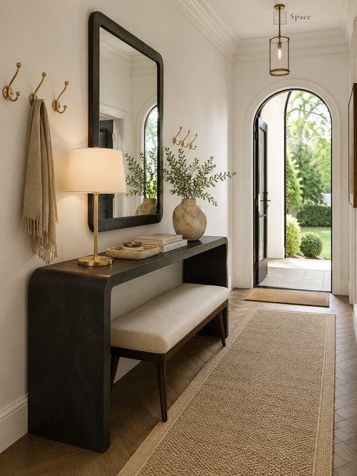 A styled entryway featuring a dark wood console table with a matching upholstered bench, a large black-framed mirror, a table lamp, wall hooks, and a long beige rug leading toward an arched doorway with outdoor greenery visible.