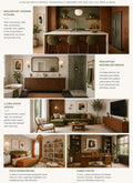 A collage-style design brochure page showing six interior design projects and spaces: a modern kitchen, a living room, a modern bathroom, a kid's room, and a kandi office. The page includes warm wood tones, clean lines, and descriptive text blocks with design insights.