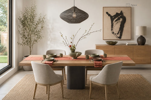 A styled dining room scene featuring a rectangular wooden dining table with a dark pedestal base, four upholstered dining chairs, a woven pendant light overhead, and a modern sideboard in the background with framed abstract wall art.