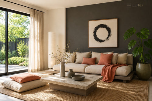A modern living room interior with a low beige sofa, rust-orange throw pillows and blanket, a marble-top coffee table, a large potted plant, and a dark charcoal accent wall with framed abstract art.