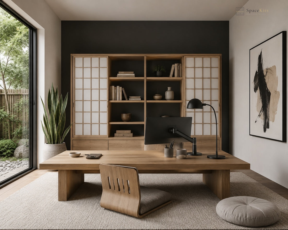 A modern Japanese-style home office featuring a low wooden desk, a matching wooden chair, a black computer monitor, and a black desk lamp. The room has a dark charcoal accent wall, light wood shelving, a large window looking out to a garden, and a gray pouf on the floor.