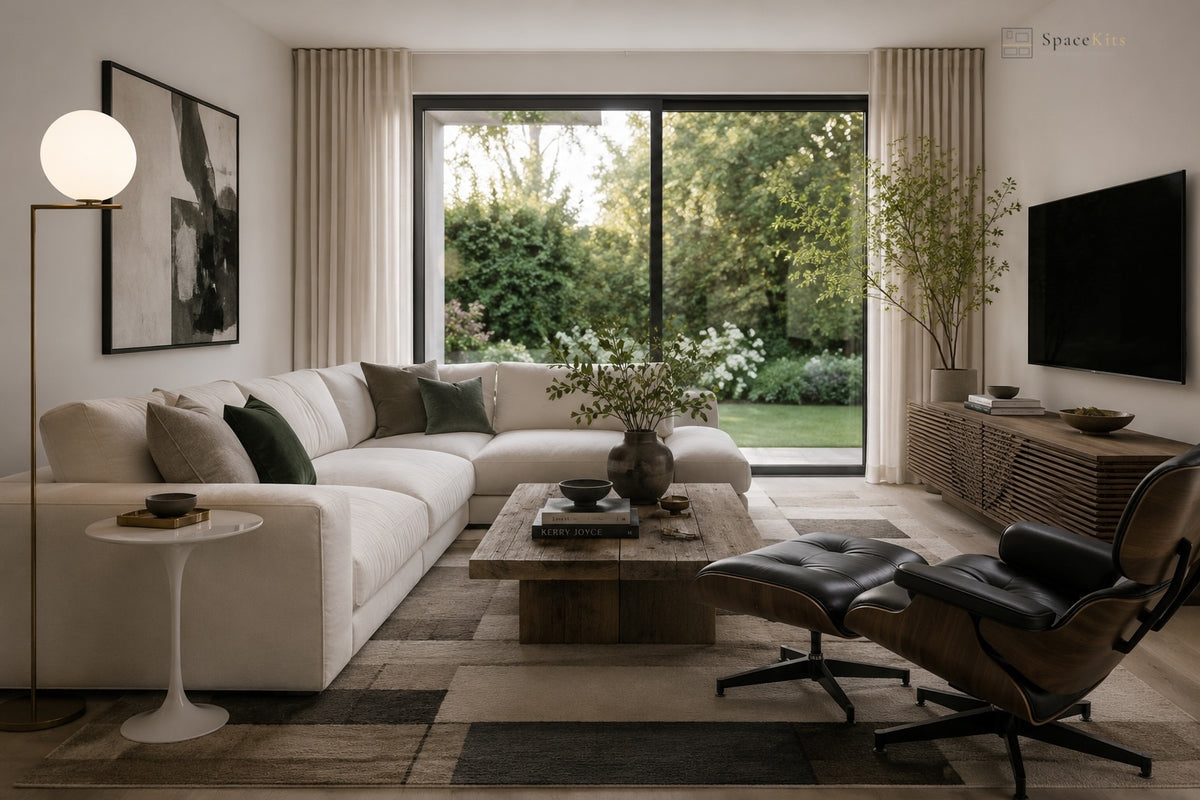 A modern living room featuring a cream sectional sofa, a dark wood coffee table, a black leather lounge chair, and a large floor lamp, set against a background of beige curtains and a large window looking out onto a green garden.