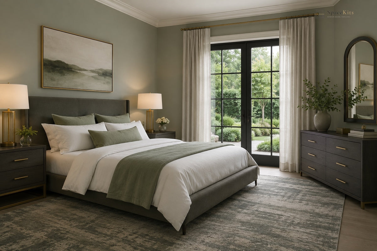 A styled bedroom interior featuring a bed dressed in white linens with sage green pillows and a sage green throw, set in a modern room with gray walls, a patterned rug, nightstands, lamps, and a window looking out onto greenery.