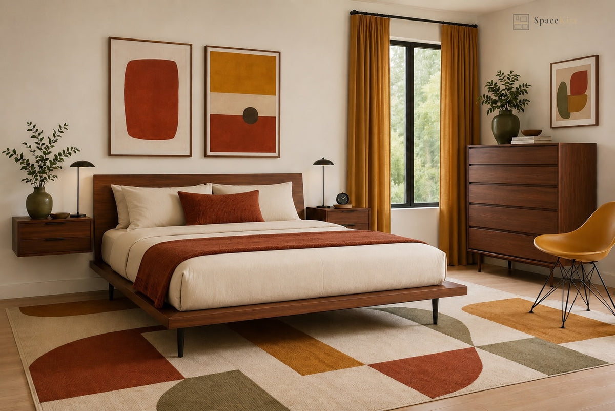 A modern mid-century styled bedroom featuring a low wooden platform bed with cream bedding and a rust-red throw, set on a geometric patterned area rug. The room includes matching wood nightstands, a tall wooden dresser, a yellow chair, and abstract art prints on the wall.