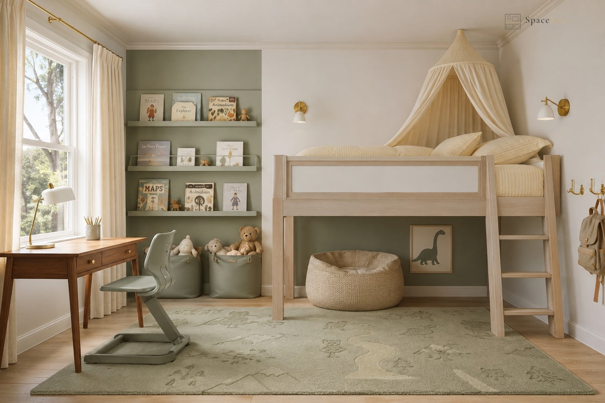 A styled children's bedroom featuring a light wood loft bed with a cream canopy, a built-in sage green shelving unit, a wooden desk, a gray chair, and a patterned area rug.