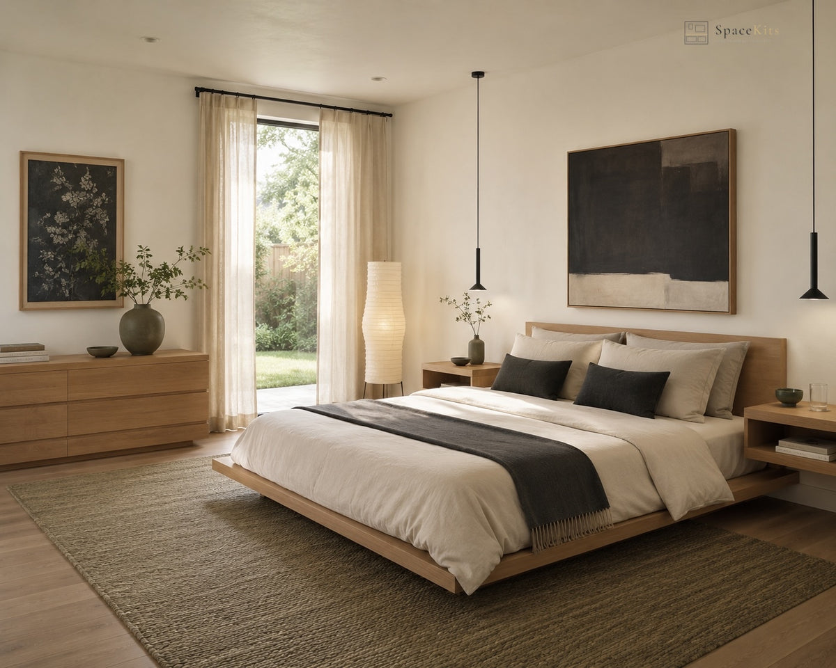 A modern minimalist bedroom featuring a low wooden platform bed with white bedding and dark gray accents, styled with a large textured brown rug, matching wood furniture, and abstract wall art.
