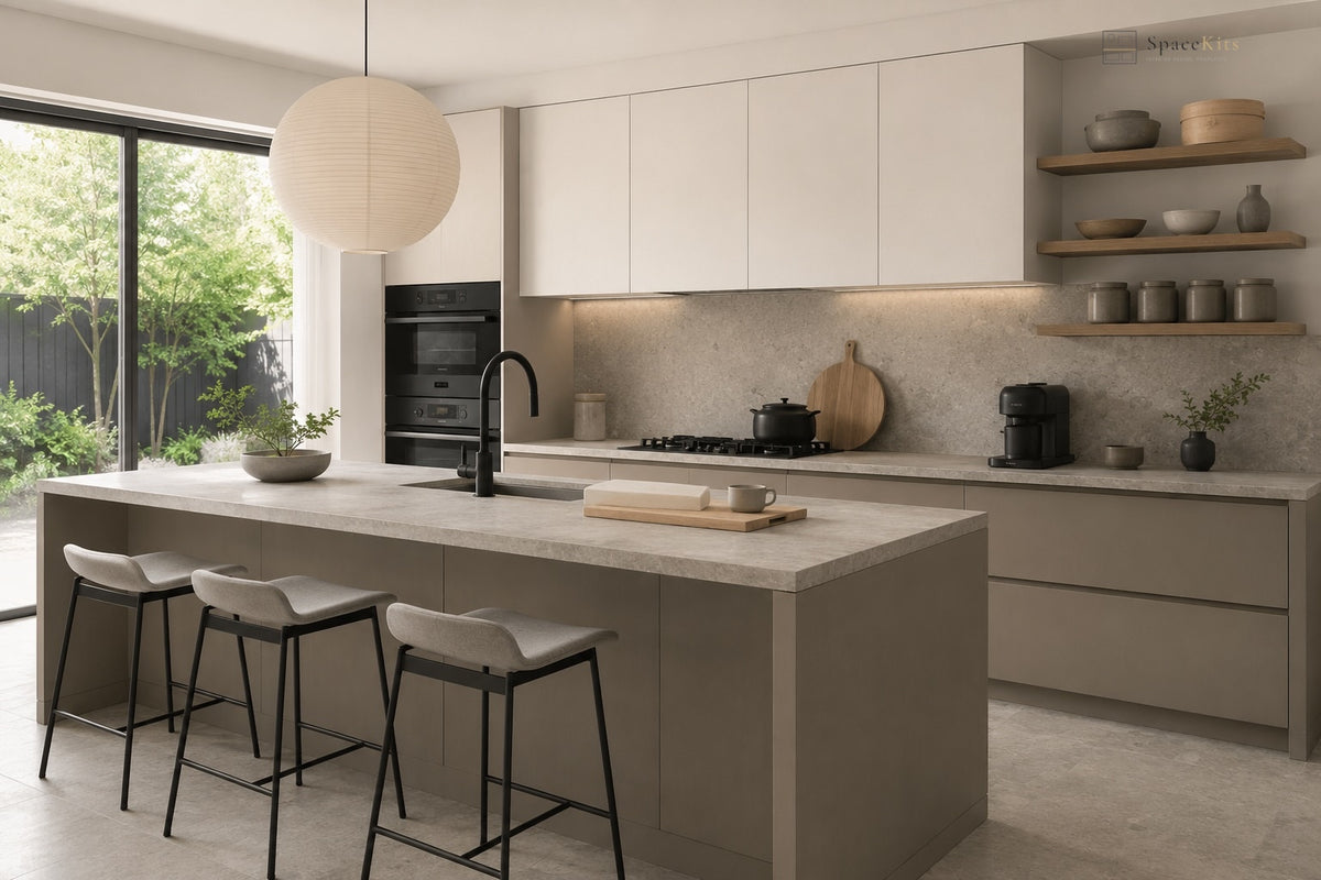 A modern kitchen interior with a large central island, three bar stools, cream cabinetry, a stone backsplash, built-in black appliances, and open shelves with ceramic bowls. A large spherical pendant light hangs above the island, and a window on the left shows greenery outside.