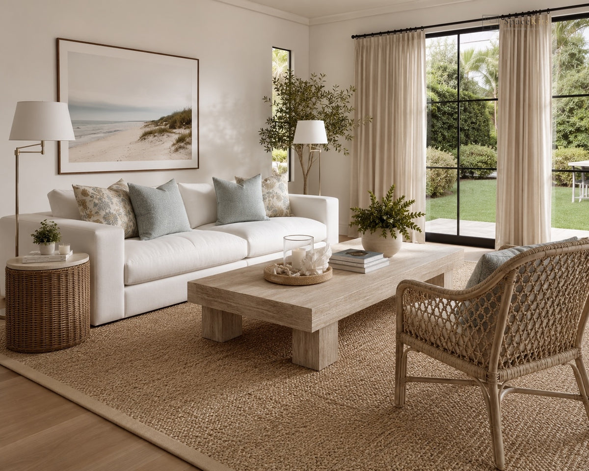 A bright, modern living room featuring a white sofa with light blue pillows, a light wood coffee table, a woven rattan armchair, and a large beige jute rug. Large windows with beige curtains look out to a green garden.