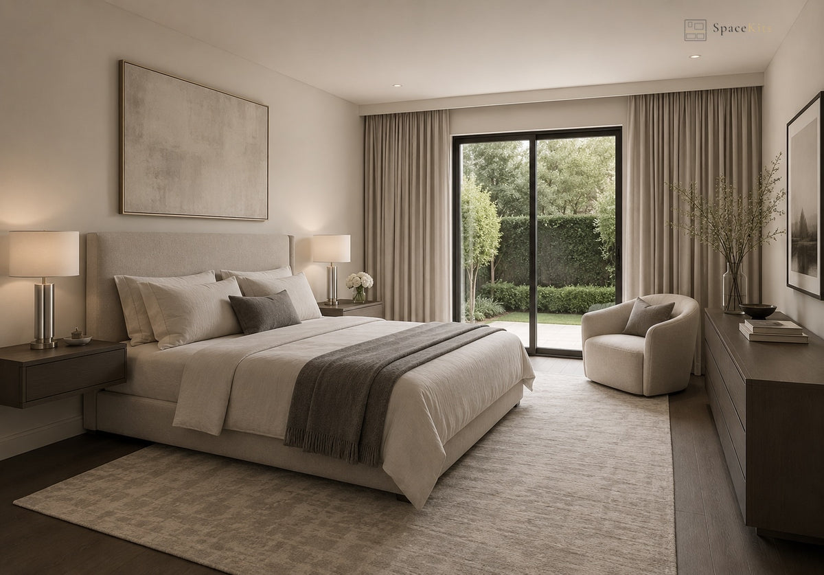 A modern bedroom interior featuring a large bed dressed in beige and gray bedding, matching nightstands with lit lamps, a light upholstered armchair, a long dresser, and floor-to-ceiling curtains opening onto a garden patio. The room is styled in neutral beige, cream, and brown tones.