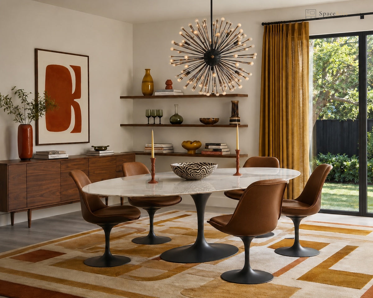 A mid-century modern dining room featuring a white oval marble-top table with black tulip bases, six brown upholstered chairs, a large starburst pendant light, and a geometric patterned rug.