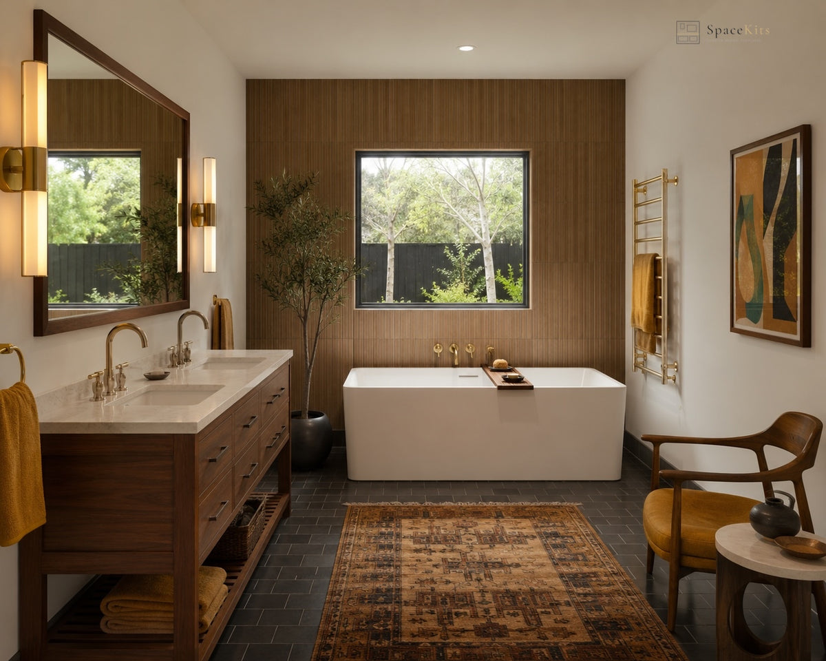 A luxury modern bathroom interior featuring a double-sink vanity in dark wood, a white freestanding bathtub by a window, a patterned brown rug, and warm wood-paneled walls.