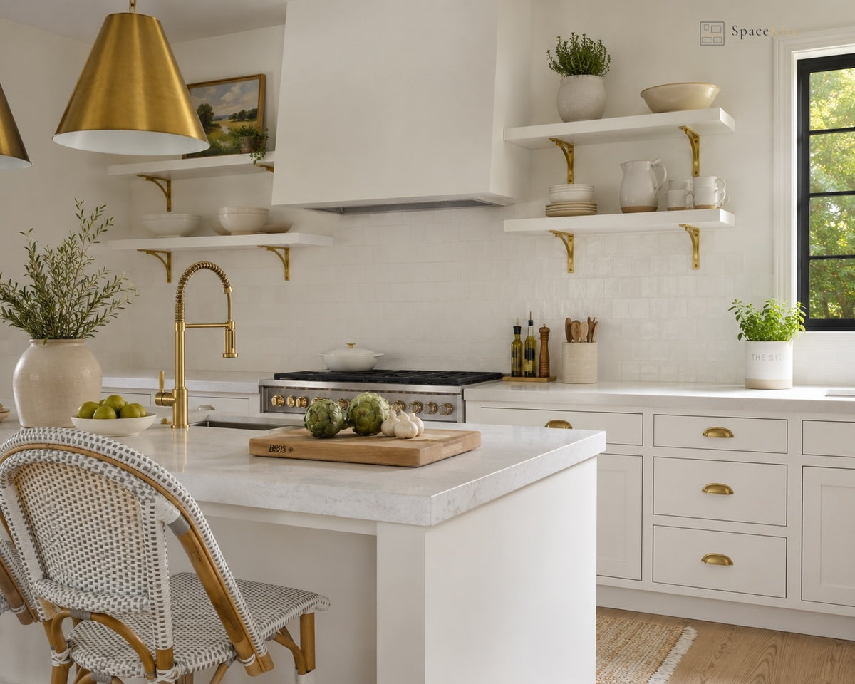 A bright, modern kitchen interior with white cabinetry, white subway tile backsplash, gold hardware, a white marble island, and gold pendant lights. A woven barstool is visible in the foreground, and the scene is styled with plants, ceramic vessels, and a cutting board on the island.