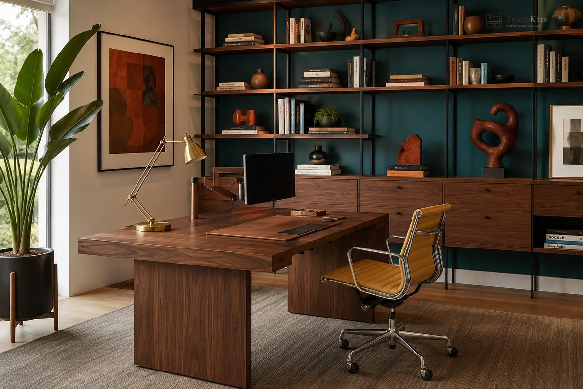 A modern home office setup featuring a large walnut wood writing desk, a matching wooden office chair with a yellow upholstered seat, a gold desk lamp, and a computer monitor. The background is dominated by a dark teal bookshelf filled with books and decorative objects.