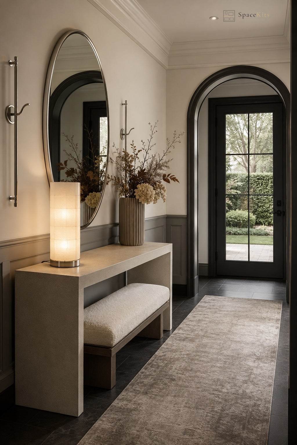 A modern entryway featuring a light wood console table with a matching upholstered bench, a large oval wall mirror, and a glowing cylindrical table lamp. A tall vase with dried branches sits on the table, and a textured area rug leads toward an arched black-framed glass door opening onto a garden.