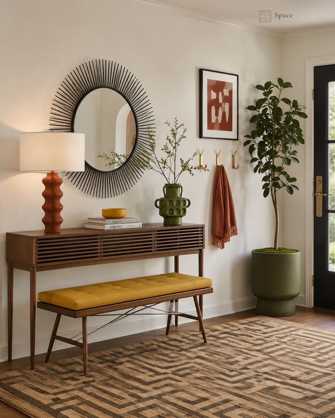 A styled entryway scene with a mid-century console table, yellow upholstered bench, round sunburst mirror, terracotta lamp, green ceramic vase, framed wall art, a rust-colored throw, and a tall potted plant.