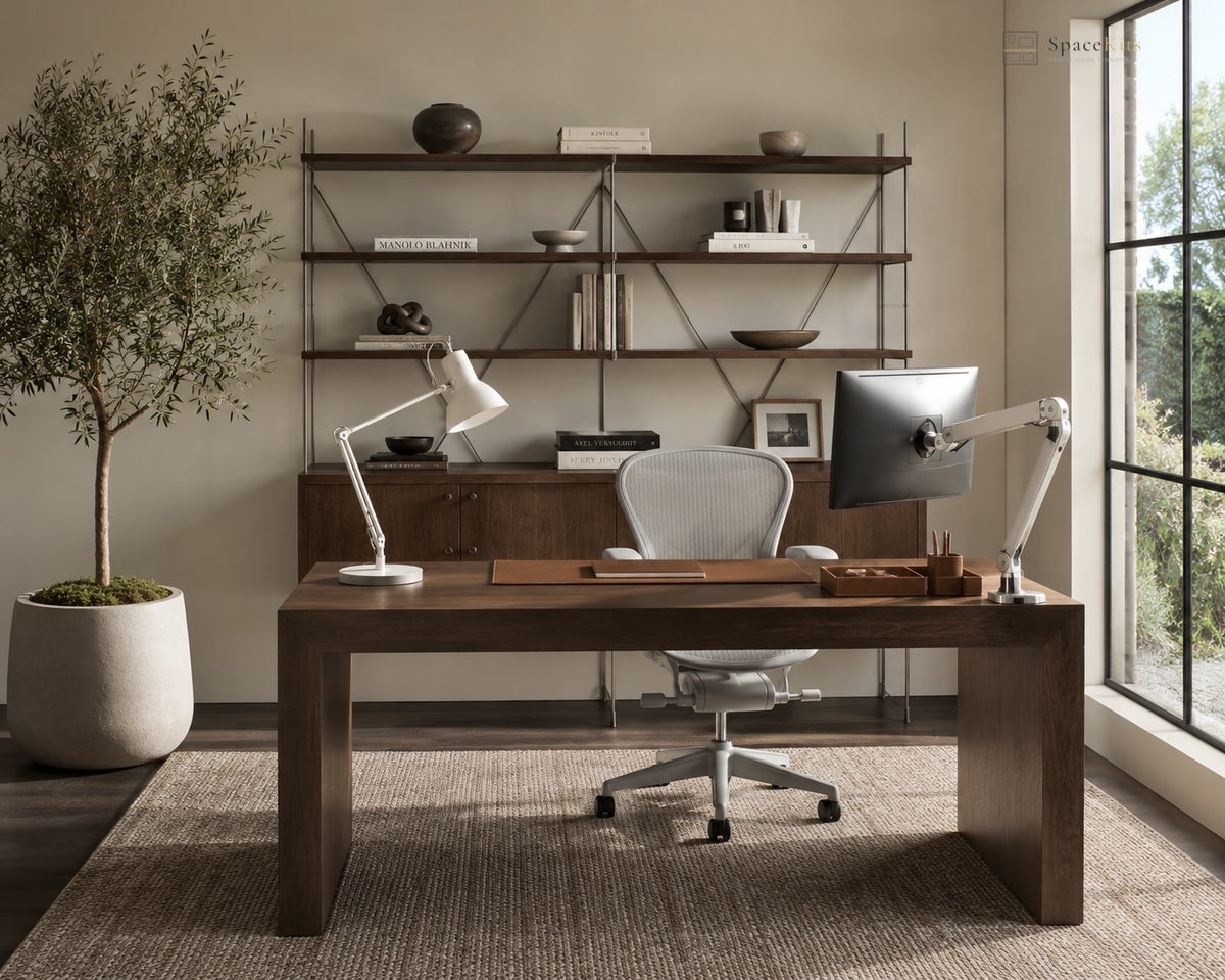 A modern home office with a large walnut desk facing built-in shelving, a white ergonomic office chair, desktop monitor, olive tree in a planter, and sunlight streaming through tall windows.