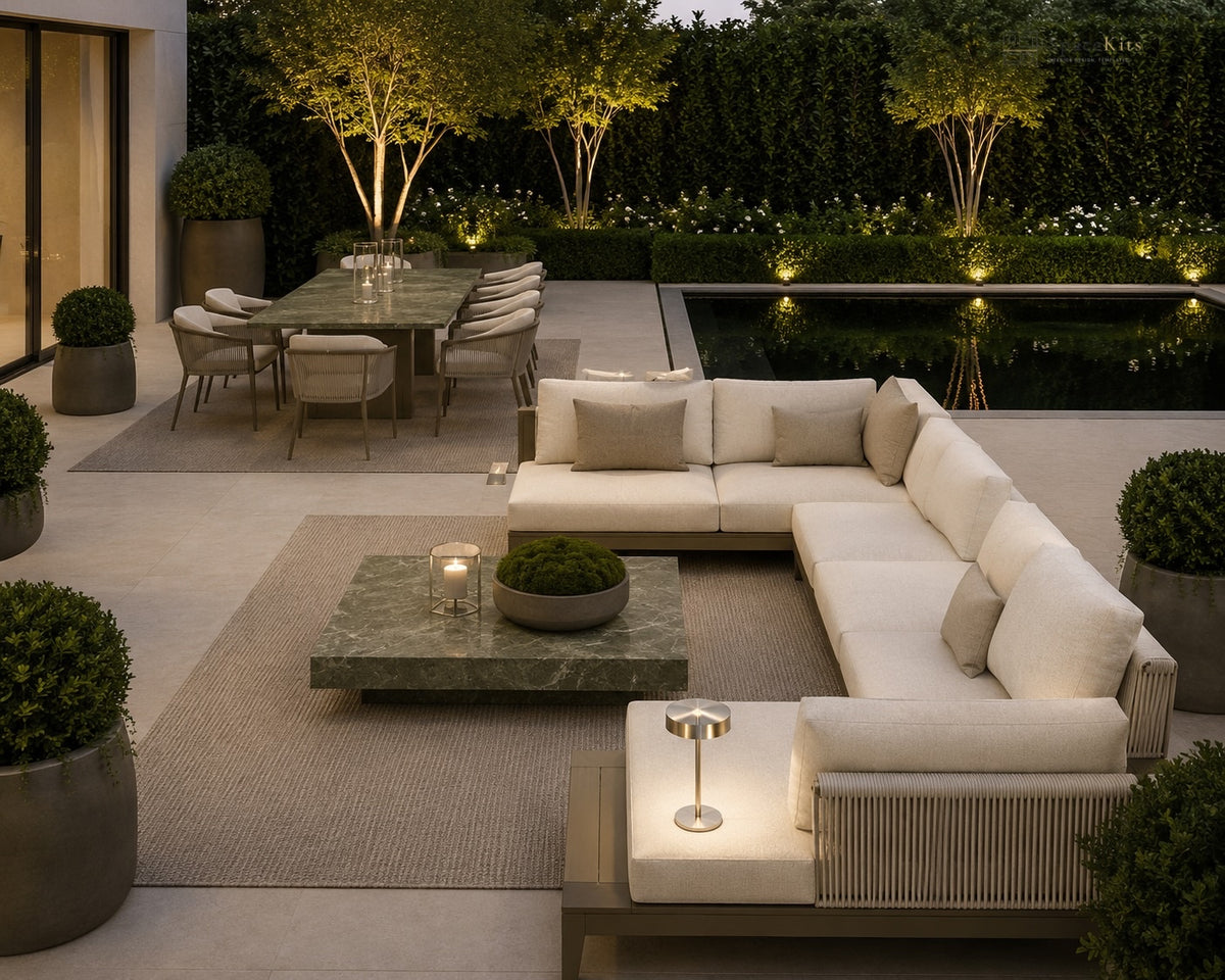 Modern outdoor patio furniture set featuring a large U-shaped sectional sofa in off-white cushions with woven beige side panels, a matching rectangular coffee table with a green marble top, and a small side table with an illuminated lamp, arranged around a textured rug in front of a pool at dusk.