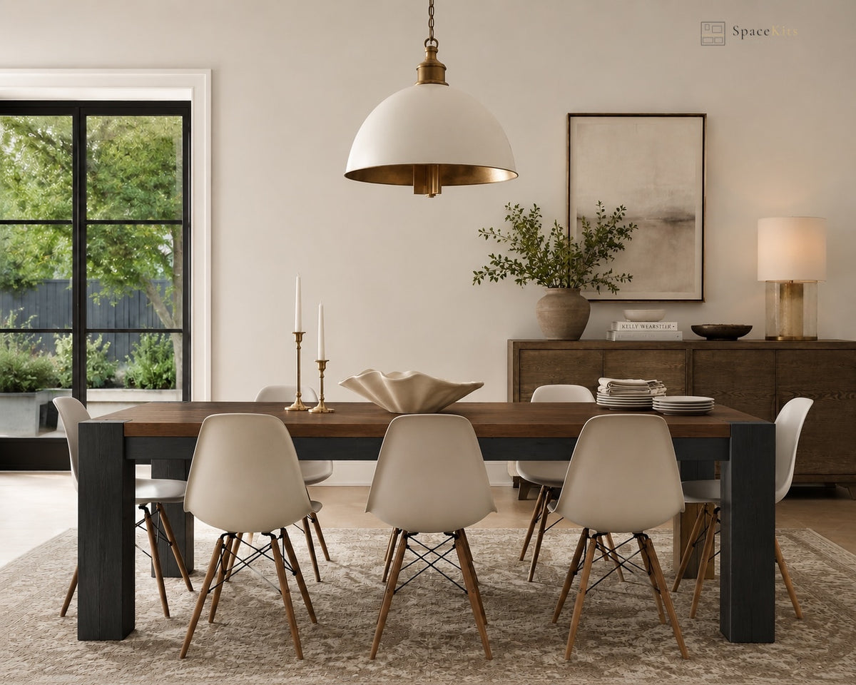 A modern dining room scene featuring a rectangular wooden dining table with dark block legs, surrounded by six cream-colored chairs with wooden legs. A large white dome pendant light hangs above the table, and a matching distressed area rug covers the floor.