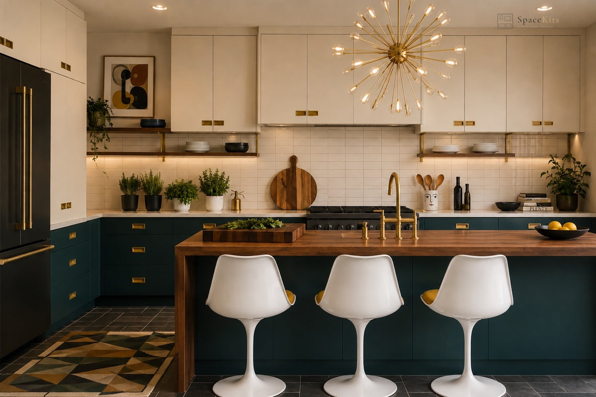 A modern kitchen interior with cream upper cabinets, dark teal lower cabinets, a wooden island, three white bar stools, gold hardware, and a gold starburst chandelier hanging above the island.
