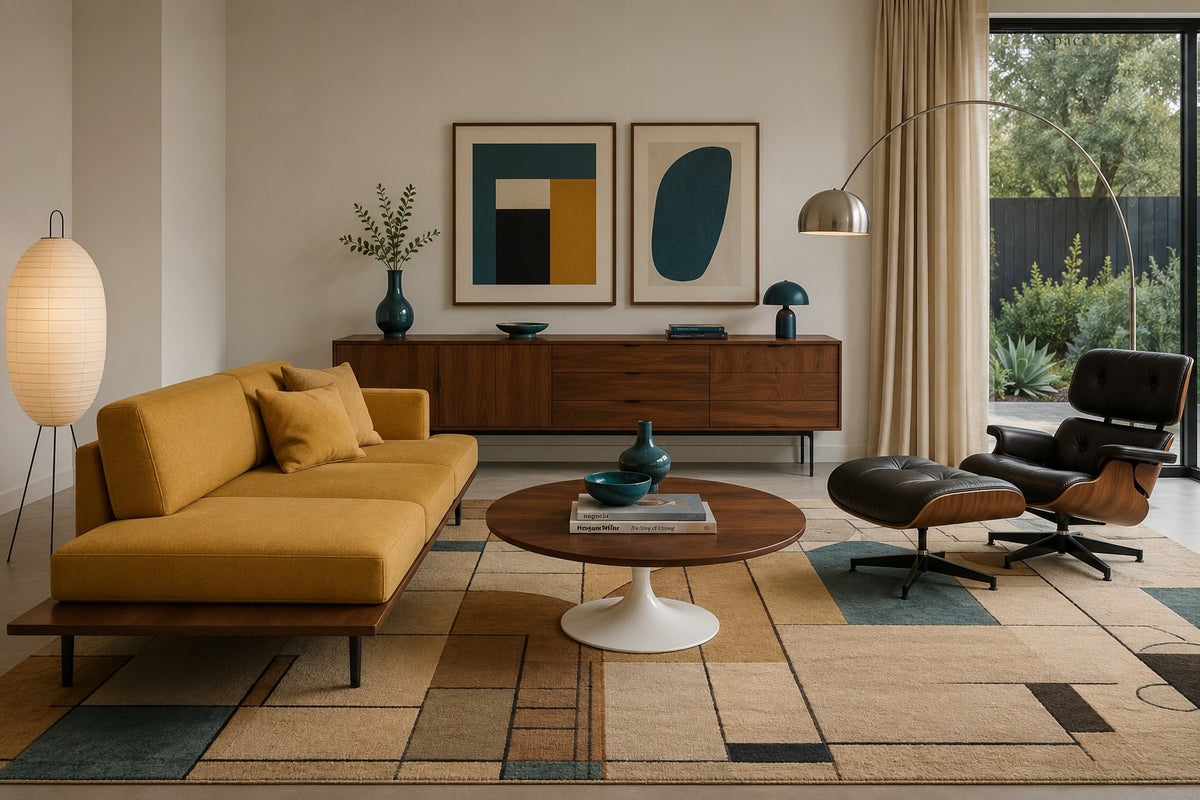 A modern mid-century styled living room featuring a mustard yellow sectional sofa, a round wooden coffee table with a white pedestal base, a black leather lounge chair with an ottoman, and abstract wall art above a wooden sideboard.