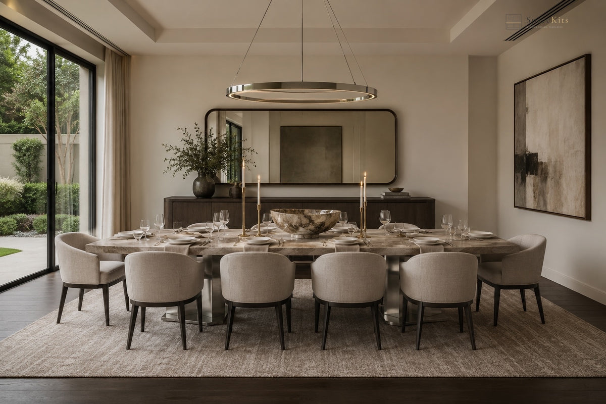 A staged dining room interior featuring a long rectangular dining table set with white tableware, surrounded by eight upholstered dining chairs in a neutral beige and gray color palette. The room is styled with a large oval ring pendant light, a long mirror, a sideboard, and a large abstract painting on the wall.