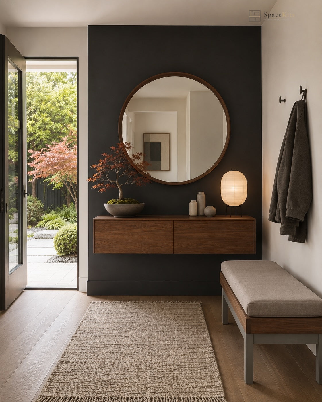 A modern entryway featuring a large round wood-framed mirror mounted on a dark charcoal wall above a floating wooden console. A woven rug, upholstered bench, and lit table lamp sit in the foreground, with an open door revealing a garden outside and a dark coat hanging on the wall.