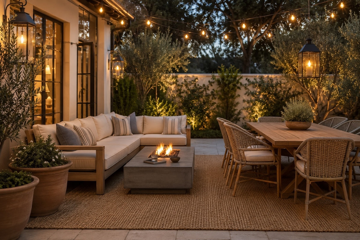 Outdoor patio furniture set in a backyard, featuring a light wood sectional sofa with beige cushions, a rectangular concrete fire pit with glowing flames, a dining table with woven chairs, and warm string lights overhead.