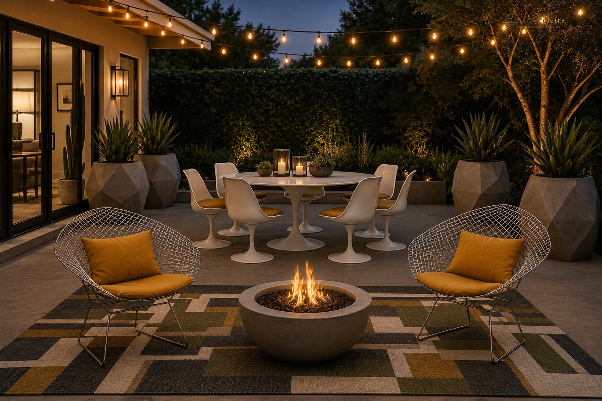 Outdoor patio furniture arrangement at dusk featuring two wire mesh armchairs with mustard yellow cushions facing a round concrete fire pit, with a white dining set and string lights in the background.