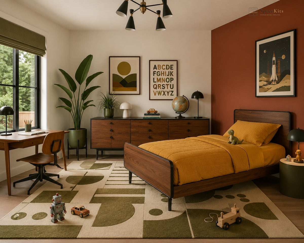 A styled children's bedroom featuring a wooden bed with mustard yellow bedding, a matching wooden dresser, a desk with a chair, a large green plant, and a geometric area rug. The room has a warm rust-colored accent wall and framed art.