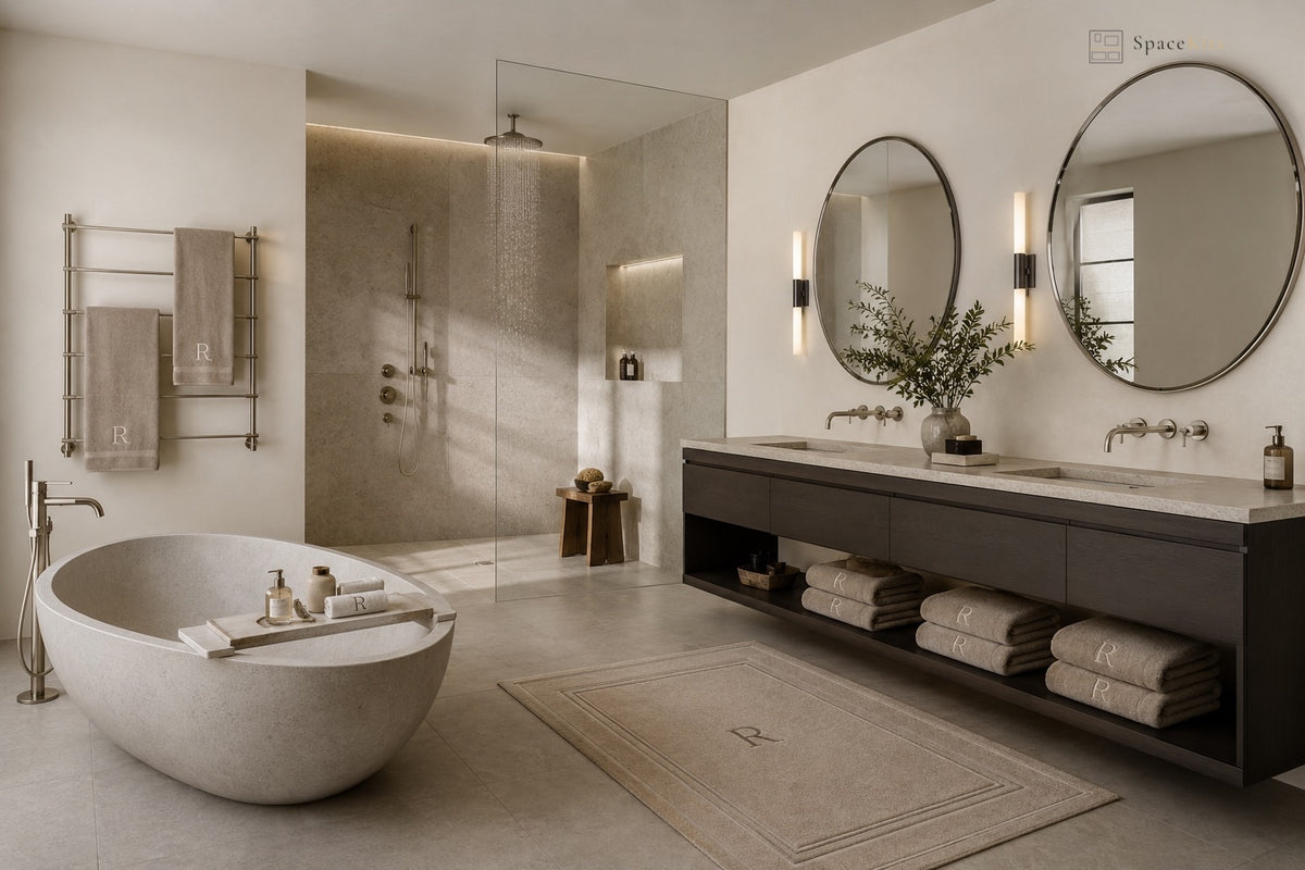 A luxury modern bathroom featuring a round freestanding bathtub, a double-sink vanity with a dark wood console, large oval mirrors, and a glass shower enclosure.