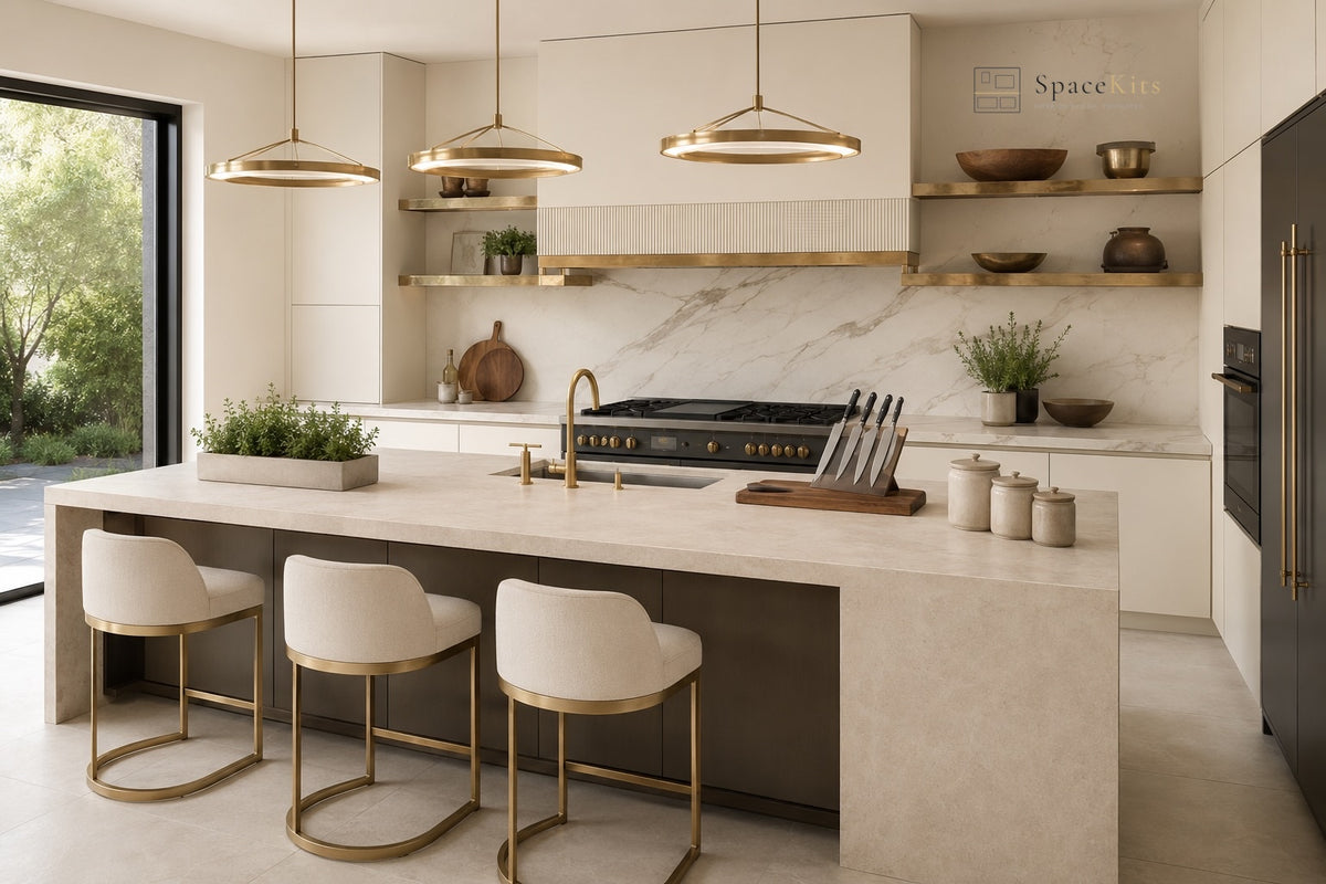 A modern kitchen island with a light beige stone countertop and base, three white bar stools with gold metal frames, and a marble backsplash. The kitchen features white cabinets, gold floating shelves, and three circular pendant lights.