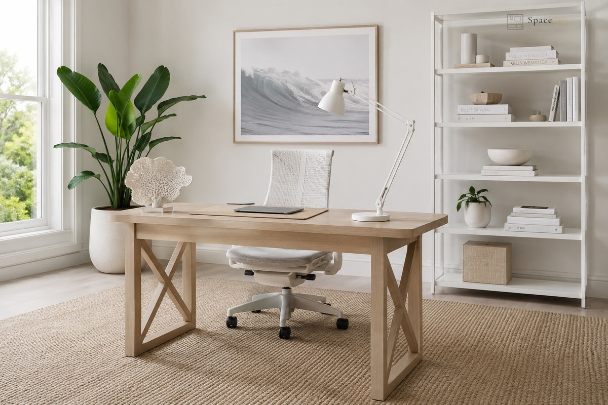 A light natural wood writing desk with X-shaped legs, styled in a bright, modern home office with a white swivel chair, adjustable desk lamp, and a white shelving unit in the background.