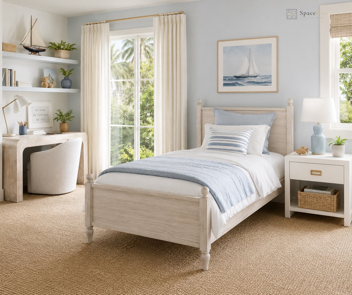 A light wood single bed dressed in white and blue bedding, styled in a bright, modern bedroom with a matching nightstand, desk, and a sailboat painting on the wall.