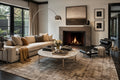 A modern living room featuring a beige sectional sofa, a round marble-top coffee table, a black leather chaise lounge, and a large distressed area rug. The room is styled around a fireplace with a black arched floor lamp and framed wall art.