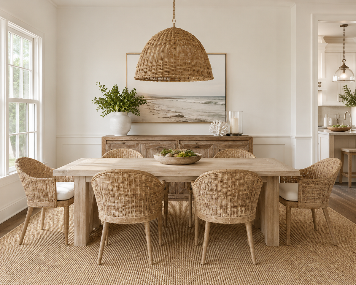 A dining room scene with a light wood rectangular table and six woven wicker chairs, under a large woven pendant light. The room has white walls, a wood sideboard with framed art and a plant, and a woven rug.