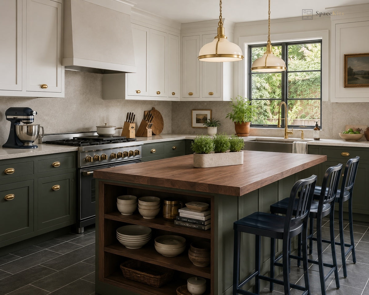 A modern kitchen interior with white upper cabinets, dark green lower cabinets and island, a wood-look countertop on the island, open shelving with bowls and cookware, bar stools, pendant lights, and a window looking out to greenery.
