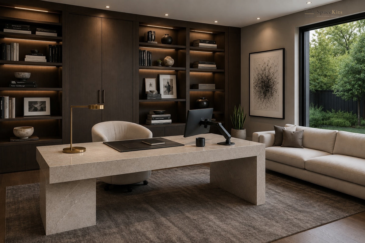 A modern home office interior featuring a large stone desk, a cream leather chair, built-in dark wood shelves with warm lighting, a beige sofa, and a large window looking out to greenery.